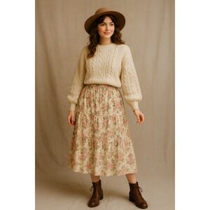 Cottagecore Boho Vintage Y2K English Floral Roses Classic Knit Midi 20W Skirt